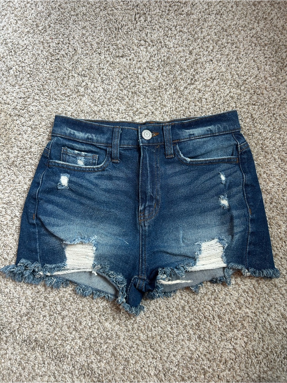 High-Rise Distressed Juniors Denim Shorts - Dark Blue